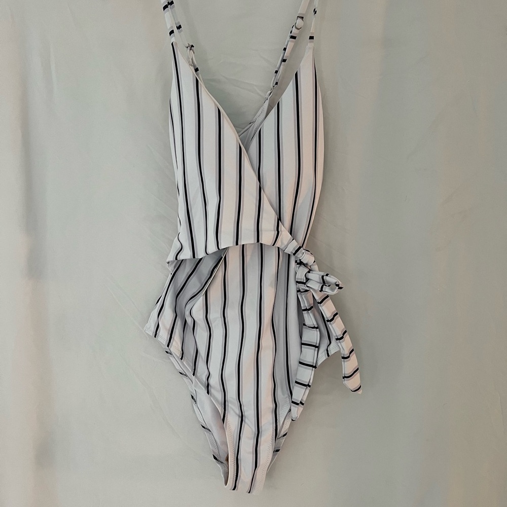 CUPSHE “Stay Young” White Stripe Wrap Adjustable Strap Bathing Suit Sz S BNWT
